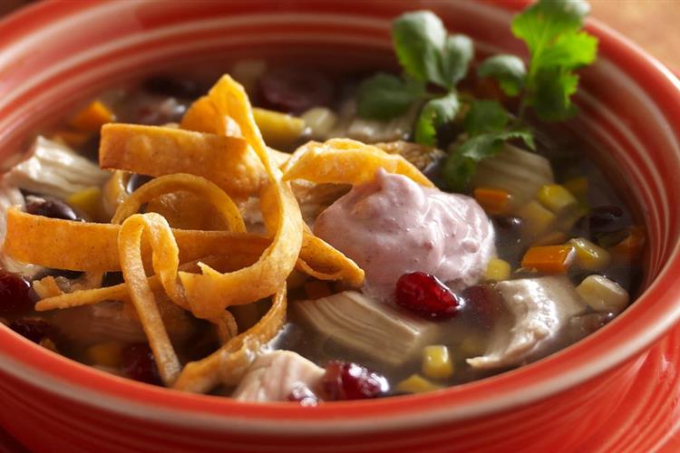 Kickin’ Chicken Tortilla Soup with Zesty Cranberry Crème Fraîche 