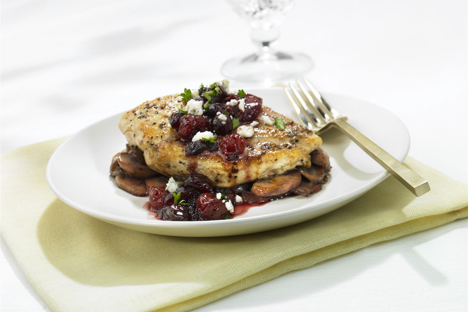 Pan Seared Chicken Breasts with Cran-Cherry Sauce and Bleu Cheese Crumbles