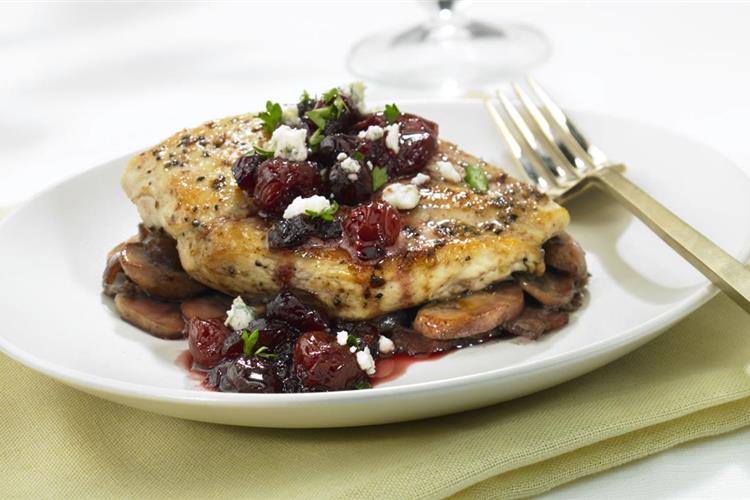 Pan Seared Chicken Breasts with Cherry Sauce and Bleu Cheese Crumbles