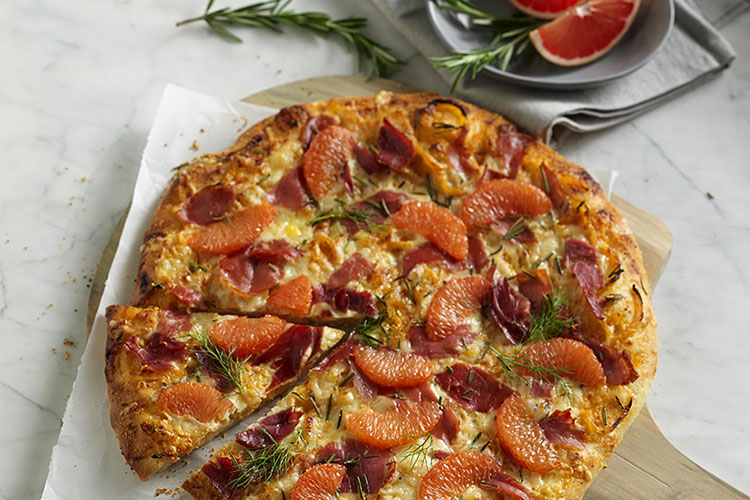 Rosemary Prosciutto Pizza with Spicy Grapefruit Caramelized Fennel and Onio