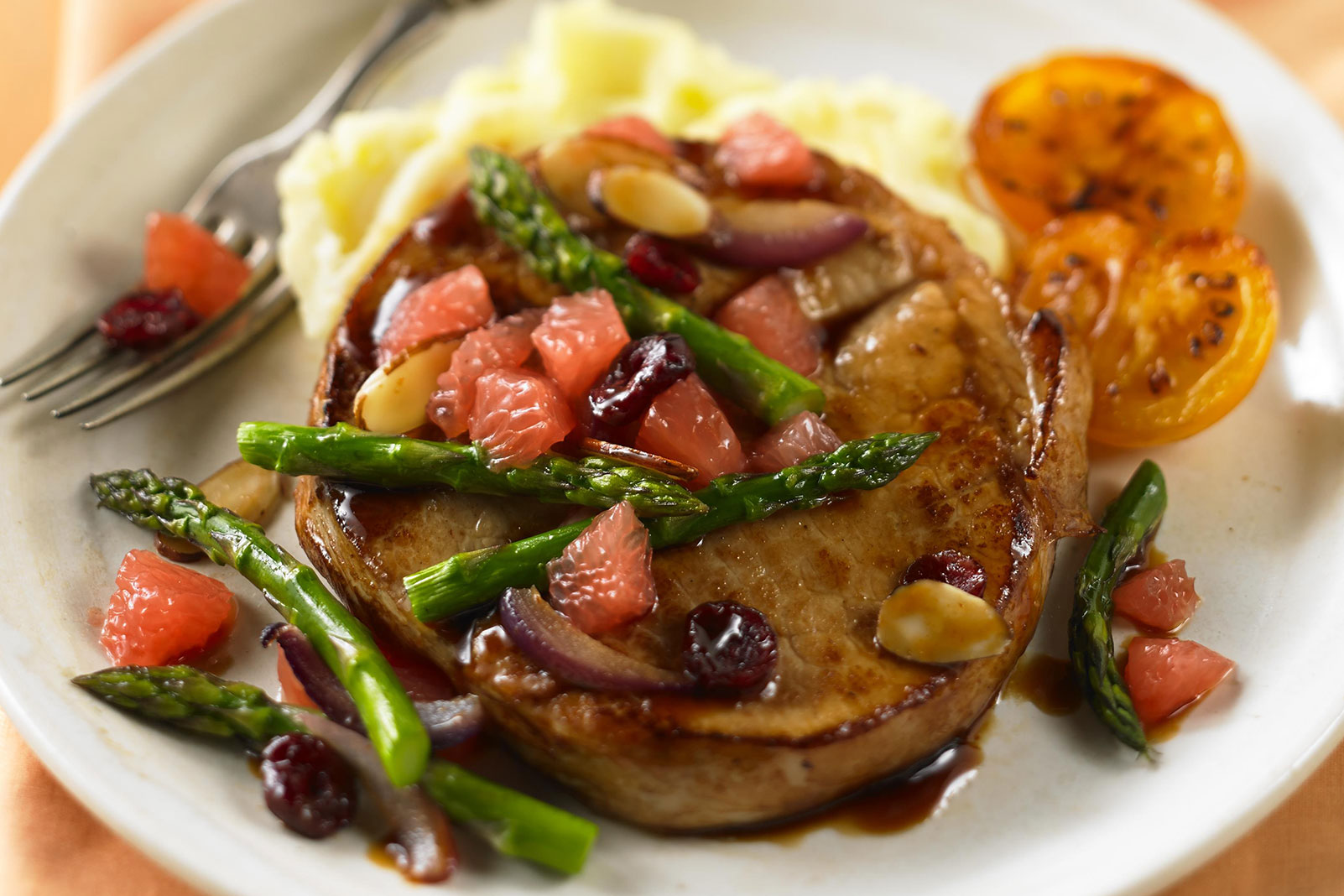 Ruby Glazed Pork Chops with Grapefruit & Asparagus Relish