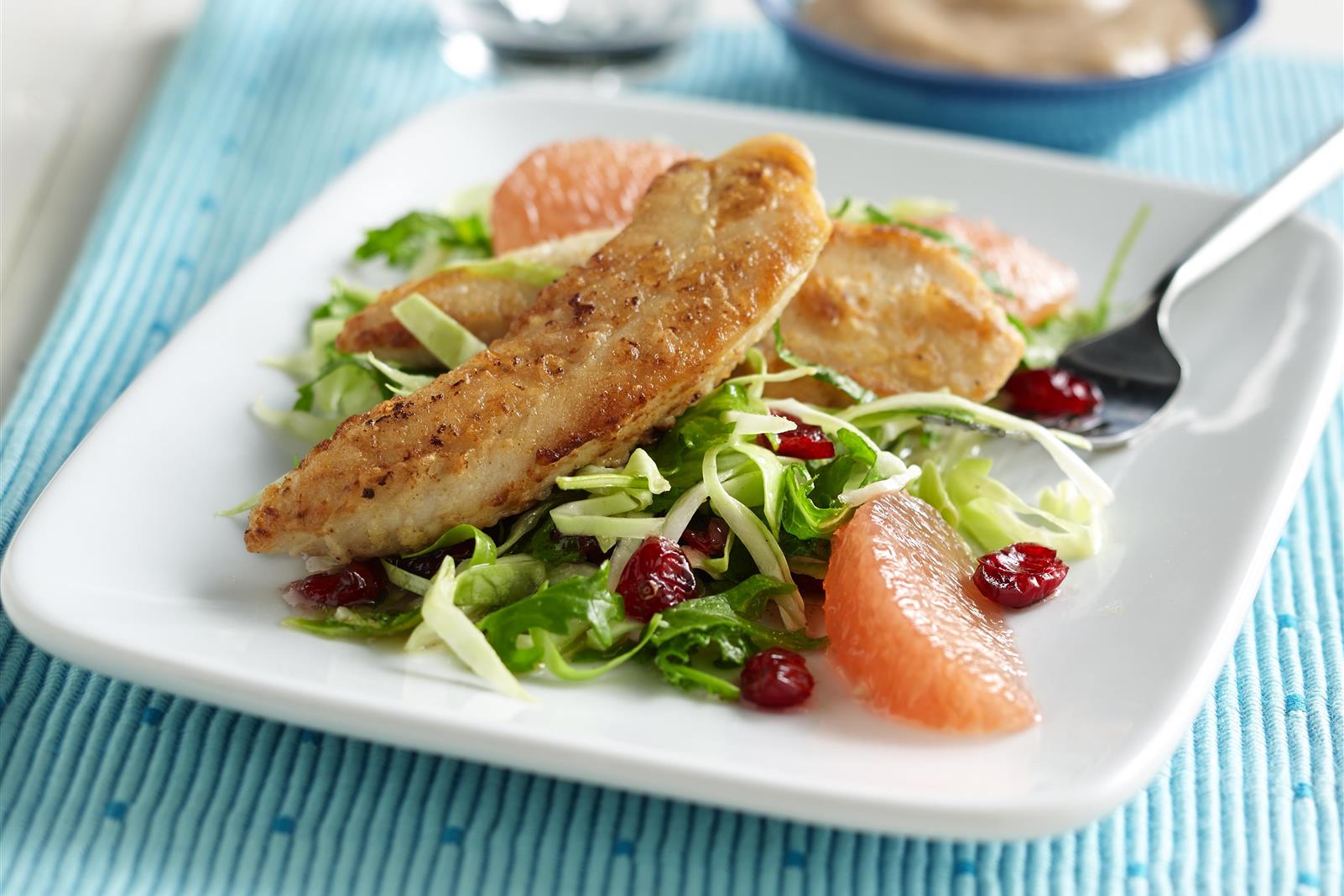 Ruby-Kissed Chicken Fingers with Ruby Cranberry Slaw