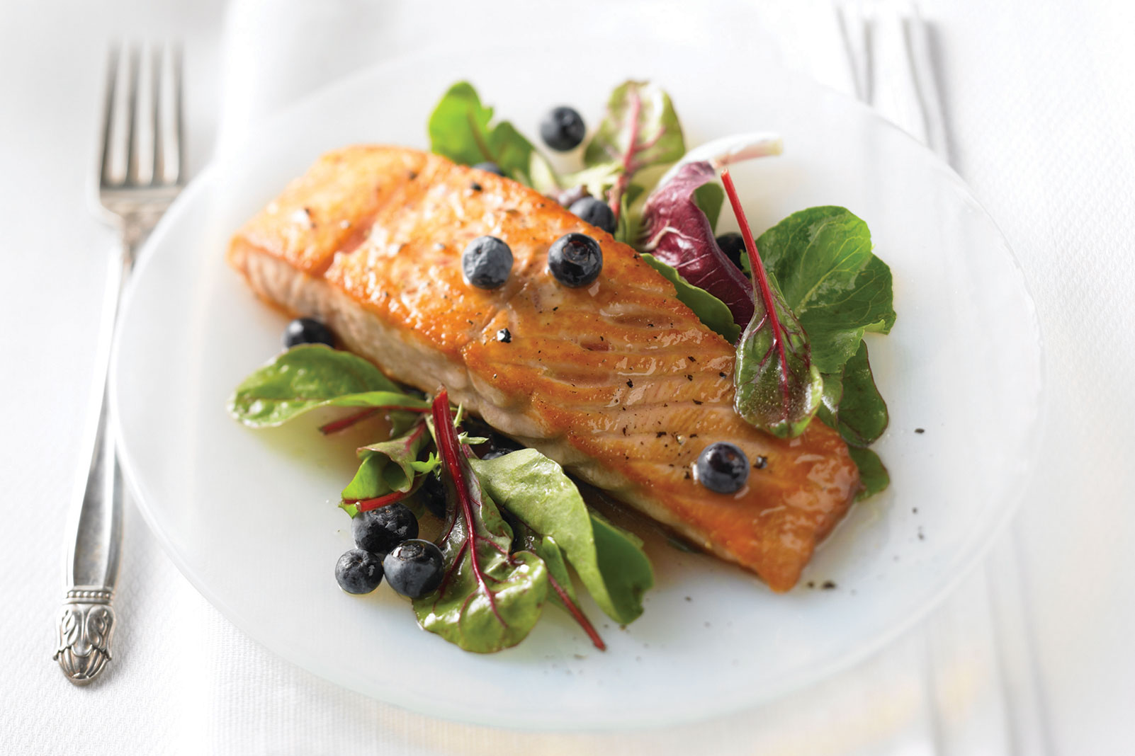 Salmon with Cranberry-Blueberry Vinaigrette and Baby Greens